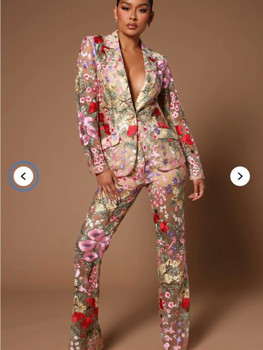 Fashion Nova Beige Floral Embroidered Pantsuit with Pink & Red Flowers- M runs S
